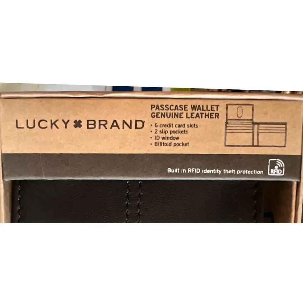 NWT Gorgeous lucky brand Men black bifold genuine leather RFID Wallet w/Gift Box